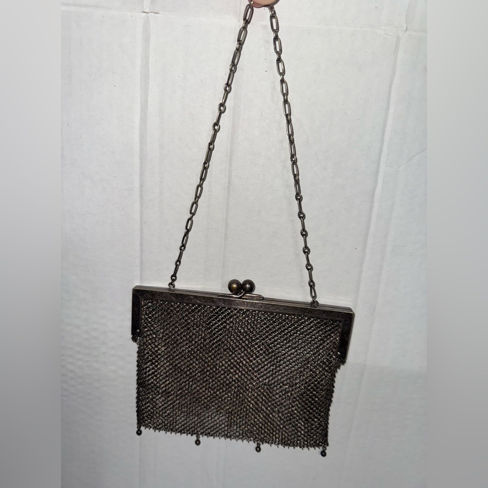 Antique German Silver mesh purse 1900s, floral Art Deco frame, chain handle,